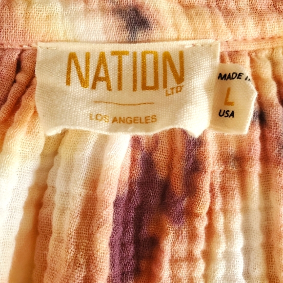 NATION LTD MiMi Romance‎ Plum/Yellow/Cream Tie Dye Gauzy Peasent Sleeve Blouse L - Picture 12 of 15